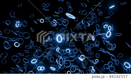 3d render. Abstract festive background with rows of toruses or rings on plane flashing neon blue light randomly. Black rings in the air. Beautiful bg 3d render. Abstract festive background with rows of toruses or rings on plane flashing neon blue light randomly. Black rings in the air. Beautiful bg 89192557