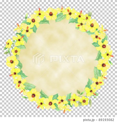 黃芙蓉花、芽、葉和樹枝的手繪圖框排列成圓形 黃芙蓉花、芽、葉和樹枝的手繪圖框排列成圓形 89193082