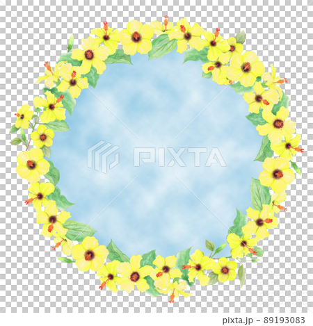 黃芙蓉花、芽、葉和樹枝的手繪圖框排列成圓形 黃芙蓉花、芽、葉和樹枝的手繪圖框排列成圓形 89193083