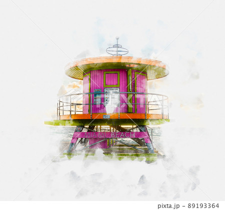 Watercolor painting illustration of Lifeguard tower in South Beach in Fort Lauderdale Florida, USA Watercolor painting illustration of Lifeguard tower in South Beach in Fort Lauderdale Florida, USA 89193364