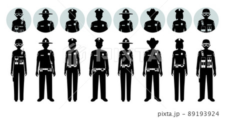 Police people concept. Set of different black silhouettes and avatars icons of SWAT officer, policeman, policewoman and sheriff in flat style on white background. Vector illustration. Police people concept. Set of different black silhouettes and avatars icons of SWAT officer, policeman, policewoman and sheriff in flat style on white background. Vector illustration. 89193924