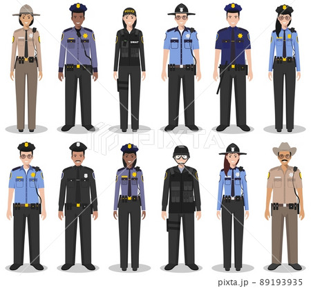 Police people concept. Set of different detailed illustration of SWAT officer, policeman, policewoman and sheriff in flat style on white background. Vector illustration. Police people concept. Set of different detailed illustration of SWAT officer, policeman, policewoman and sheriff in flat style on white background. Vector illustration. 89193935