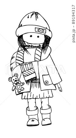 Cutie doll dressed in warm autumn outfit holding teddy bear in her hand 89194317