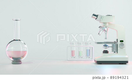 Test tube and Microscope. microbiology magnifying tool and symbol of chemical science exploration. Space for banner and logo. 89194321