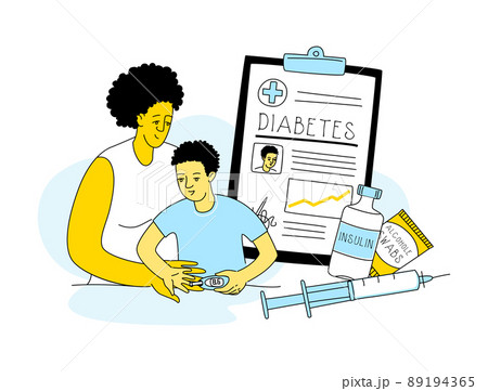 Mother help sugar test diabetes boy, insulin kit pen, blood sugar meter doodle style drawing. 89194365
