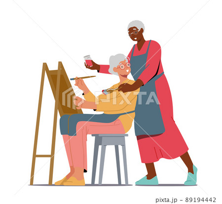 Pensioner Artistic Occupation, Painting. Senior Lady Learn Drawing in Studio with Teacher Help, Elderly Character Hobby Pensioner Artistic Occupation, Painting. Senior Lady Learn Drawing in Studio with Teacher Help, Elderly Character Hobby 89194442