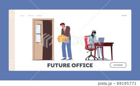Fired Male Character Leave Office with Box Landing Page Template. Artificial Intelligence Replace Human Employee 89195771