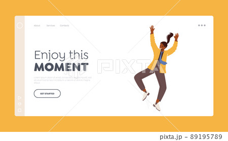 Enjoy Moment Landing Page Template. Happy Female Character Waving Hands, Rejoice and Jump. Office Woman Celebrate 89195789