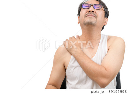 A middle aged man in white veat suffering from arm and shoulder pain isolated 89195998