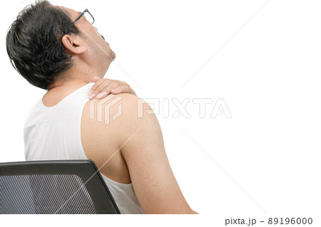 A middle aged man in white veat suffering from arm and shoulder pain isolated 89196000