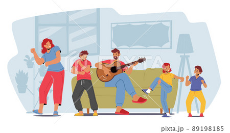 Family Rejoice, Home Party Concept. Parents and Kids Characters Dance, Father Playing Guitar, Mother with Children Family Rejoice, Home Party Concept. Parents and Kids Characters Dance, Father Playing Guitar, Mother with Children 89198185