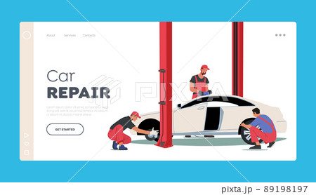 Car Repair Landing Page Template. Male Characters Wear Uniform Replace Tyres at Mechanic Workshop. Roadside Service 89198197