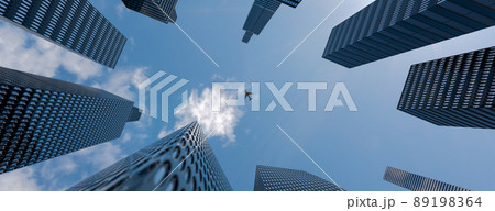 Air transportation concept. Perspective view to steel light blue of glass high rise building skyscraper city of future and airplane. Business and travel concept. 3d rendering Air transportation concept. Perspective view to steel light blue of glass high rise building skyscraper city of future and airplane. Business and travel concept. 3d rendering 89198364