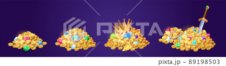Gold coins heaps with gems and jewelry 89198503