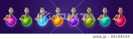 Potion glass bottles with magic elixir and tags Potion glass bottles with magic elixir and tags 89198504