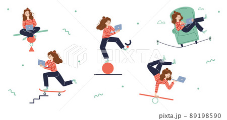 Woman work on laptop and balance on scale 89198590