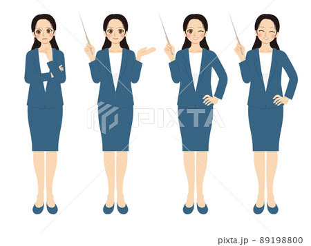 働く女性イラストセット　全身　紺色スーツ　黒髪 89198800
