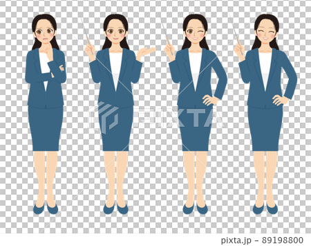 Working woman illustration set, whole body, dark blue suit, black hair 89198800