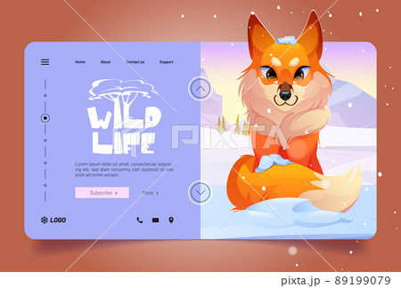 Wildlife banner with cute red fox on white snow 89199079