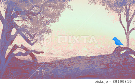 神秘的な夕刻の森の芽吹きと青い鳥和紙テクスチャ背景イラストのイラスト素材