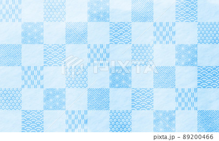 和柄立体 青系 市松模様に日本絵巻柄