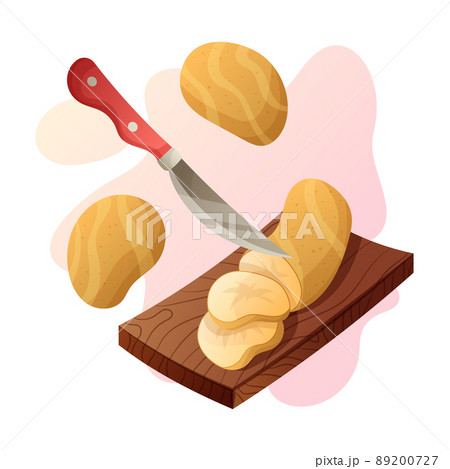 Kitchen knife slice potato on wooden cutting board vector cartoon illustration. Slicing vegetables. Prepare for cooking. Chopped fresh nutrition. 89200727