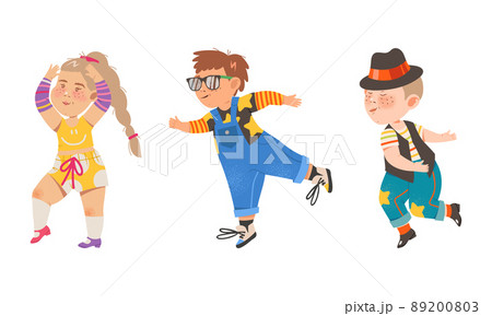 Dancing children set. Boy and girl dancing classical and modern dances cartoon vector illustration Dancing children set. Boy and girl dancing classical and modern dances cartoon vector illustration 89200803