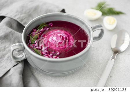 chilled beetroot soup with sour cream in a gray plate 89201123