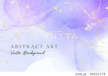 Purple blue and lavender liquid marble background with gold stripes and glitter dust. Pastel cyan violet watercolor drawing effect. Vector illustration backdrop with gold splatter for wedding invite 89201178