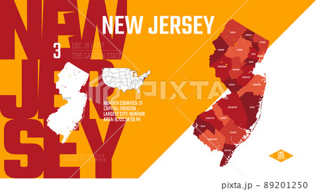 3 of 50 states of the United States, divided into counties with territory nicknames, Detailed vector New Jersey Map with name and date admitted to the Union, travel poster and postcard 3 of 50 states of the United States, divided into counties with territory nicknames, Detailed vector New Jersey Map with name and date admitted to the Union, travel poster and postcard 89201250