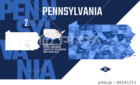 2 of 50 states of the United States, divided into counties with territory nicknames, Detailed vector Pennsylvania Map with name and date admitted to the Union, travel poster and postcard 89201251