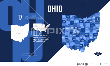 17 of 50 states of the United States, divided into counties with territory nicknames, Detailed vector Ohio Map with name and date admitted to the Union, travel poster and postcard 89201262