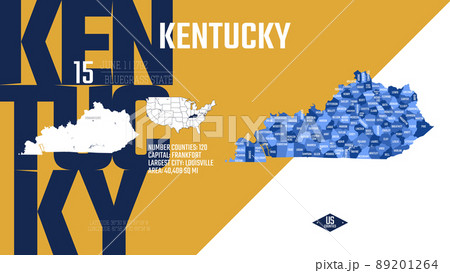 15 of 50 states of the United States, divided into counties with territory nicknames, Detailed vector Kentucky Map with name and date admitted to the Union, travel poster and postcard 15 of 50 states of the United States, divided into counties with territory nicknames, Detailed vector Kentucky Map with name and date admitted to the Union, travel poster and postcard 89201264