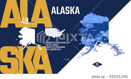 49 of 50 states of the United States, divided into counties with territory nicknames, Detailed vector Alaska Map with name and date admitted to the Union, travel poster and postcard 89201290