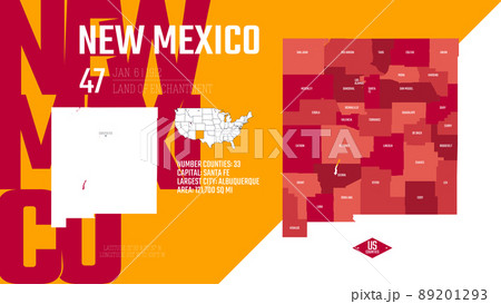 47 of 50 states of the United States, divided into counties with territory nicknames, Detailed vector New Mexico Map with name and date admitted to the Union, travel poster and postcard 89201293