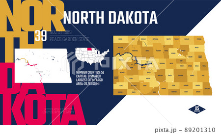 39 of 50 states of the United States, divided into counties with territory nicknames, Detailed vector North Dakota Map with name and date admitted to the Union, travel poster and postcard 89201310