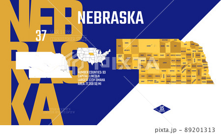 37 of 50 states of the United States, divided into counties with territory nicknames, Detailed vector Nebraska Map with name and date admitted to the Union, travel poster and postcard 89201313