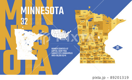 32 of 50 states of the United States, divided into counties with territory nicknames, Detailed vector Minnesota Map with name and date admitted to the Union, travel poster and postcard 32 of 50 states of the United States, divided into counties with territory nicknames, Detailed vector Minnesota Map with name and date admitted to the Union, travel poster and postcard 89201319