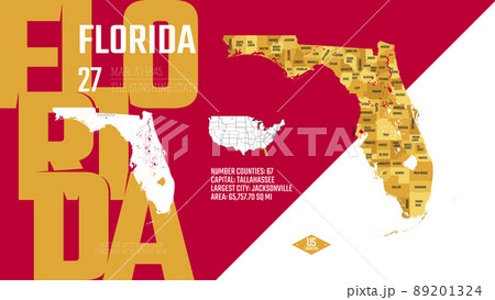27 of 50 states of the United States, divided into counties with territory nicknames, Detailed vector Florida Map with name and date admitted to the Union, travel poster and postcard 27 of 50 states of the United States, divided into counties with territory nicknames, Detailed vector Florida Map with name and date admitted to the Union, travel poster and postcard 89201324