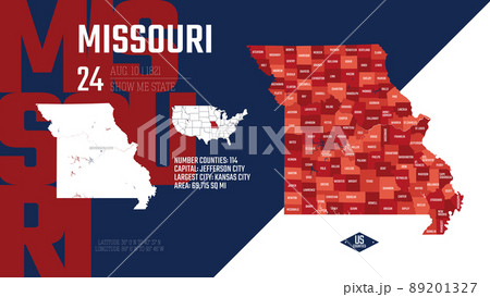 24 of 50 states of the United States, divided into counties with territory nicknames, Detailed vector Missouri Map with name and date admitted to the Union, travel poster and postcard 89201327