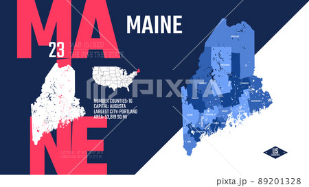 23 of 50 states of the United States, divided into counties with territory nicknames, Detailed vector Maine Map with name and date admitted to the Union, travel poster and postcard 89201328