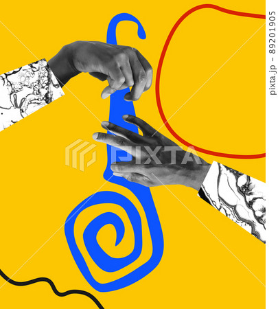 Contemporary art collage. Concept of music lifestyle, creativity, inspiration, imagination, ad. Human hands on bright blue and yellow abstract background Contemporary art collage. Concept of music lifestyle, creativity, inspiration, imagination, ad. Human hands on bright blue and yellow abstract background 89201905