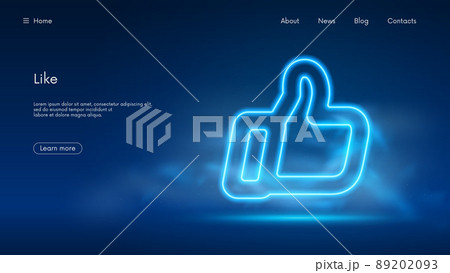 Thumb up icon, hand big finger, like or ok symbol for social networks, futuristic technology with blue neon glow in the smoke, vector business background 89202093