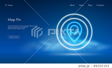 Location pin, GPS navigator geotag locator mark of map, futuristic technology with blue neon glow in the smoke, vector business background Location pin, GPS navigator geotag locator mark of map, futuristic technology with blue neon glow in the smoke, vector business background 89202103