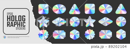 Iridescent color holographic stickers, set of quality hologram rainbow shiny emblems of various different shapes, Vector illustration mockup design labels tags 89202104