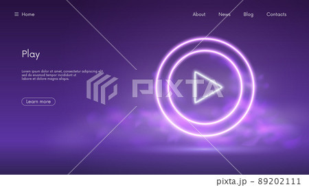 Glowing play button sign, start video mark in circle, live streaming media, futuristic technology with violet neon glow in the smoke, vector business background Glowing play button sign, start video mark in circle, live streaming media, futuristic technology with violet neon glow in the smoke, vector business background 89202111