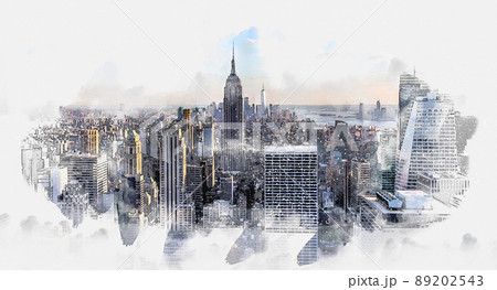 New York City Manhattan midtown aerial panorama view with skyscrapers and blue sky in the day, Digital watercolor painting  89202543