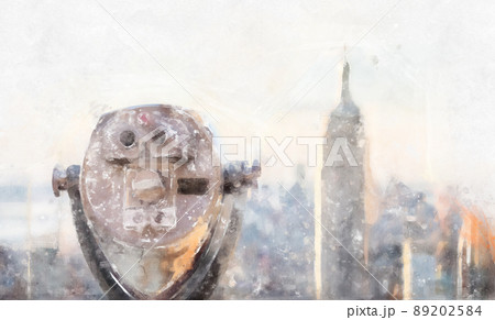 Watercolor painting illustration of Panorama with Binoculars looking at skyline in midtown Manhattan, New York City, USA Watercolor painting illustration of Panorama with Binoculars looking at skyline in midtown Manhattan, New York City, USA 89202584