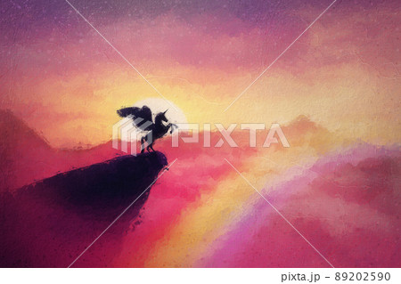 Beautiful pegasus painting, wild winged unicorn silhouette on the edge of a precipice. Fabulous sunset in a pink paradise, magic dreamland scene with a surreal creature over the rainbow Beautiful pegasus painting, wild winged unicorn silhouette on the edge of a precipice. Fabulous sunset in a pink paradise, magic dreamland scene with a surreal creature over the rainbow 89202590