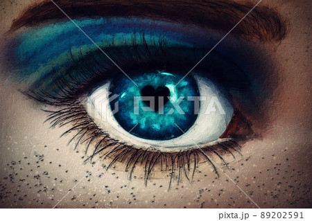 Beautiful painting of human eye closeup with heart shaped pupil and fancy make up with marvelous blue shades. Fine art with abstract textures 89202591